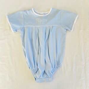 Squiggles by Charlie Light Blue Boy’s One Piece Bubble- monogrammed “Finn” 24 mo
